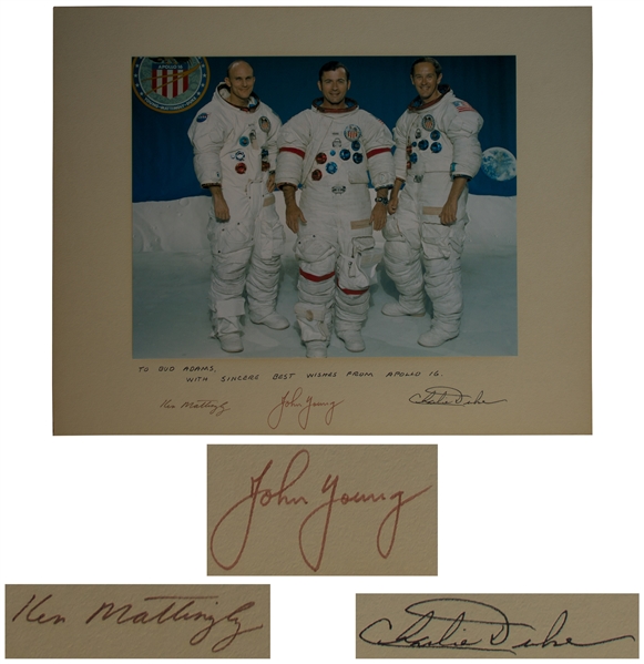 Apollo 16 Crew-Signed 20'' x 16'' Photo of the Astronauts in Their White Spacesuits -- Presented to Houston Oilers Owner Bud Adams